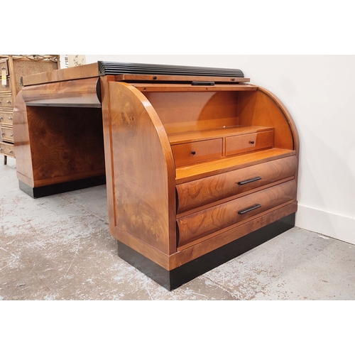 556 - ART DECO STYLE PEDESTAL DESK, walnut with ebonised detail, black leather top over brushing slides an... 