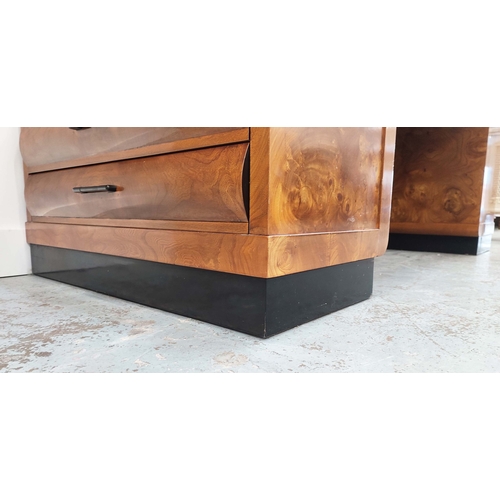 556 - ART DECO STYLE PEDESTAL DESK, walnut with ebonised detail, black leather top over brushing slides an... 