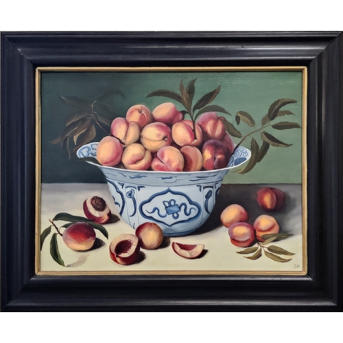 56 - SARA HAY (British b.1951), 'Still life with peaches in an 18th century fiance bowl', oil on panel, 4... 