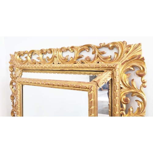 574 - WALL MIRROR, Italian style giltwood, scrolled acanthus frame, bevelled form with bevelled edge glass... 