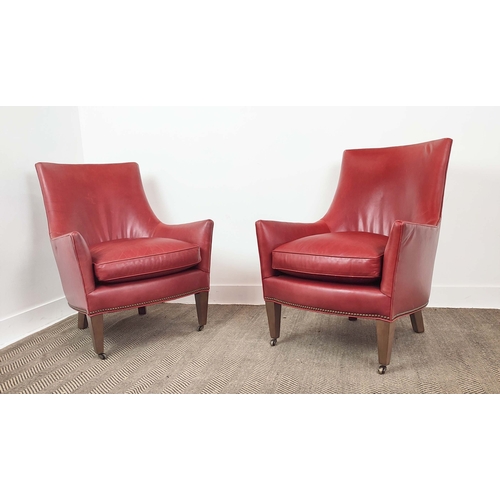 575 - LEE ARMCHAIRS, red leather upholstered, pair, made in USA, 91cm H x 72cm W x 80cm D. (2)