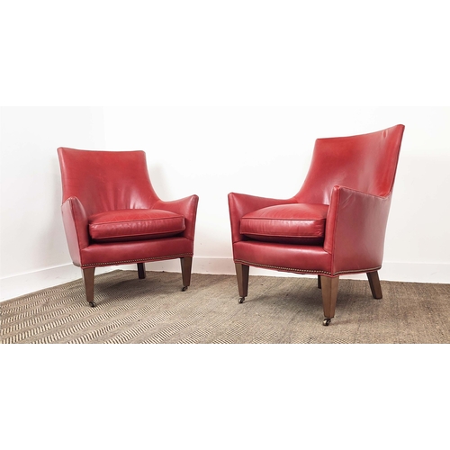 575 - LEE ARMCHAIRS, red leather upholstered, pair, made in USA, 91cm H x 72cm W x 80cm D. (2)