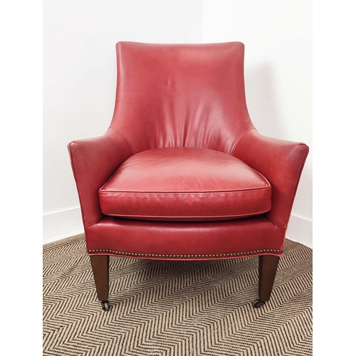 575 - LEE ARMCHAIRS, red leather upholstered, pair, made in USA, 91cm H x 72cm W x 80cm D. (2)