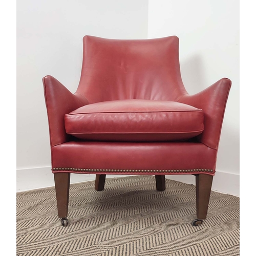 575 - LEE ARMCHAIRS, red leather upholstered, pair, made in USA, 91cm H x 72cm W x 80cm D. (2)