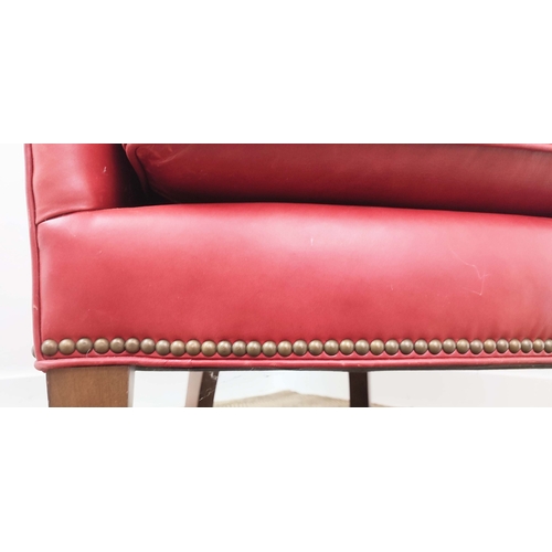 575 - LEE ARMCHAIRS, red leather upholstered, pair, made in USA, 91cm H x 72cm W x 80cm D. (2)