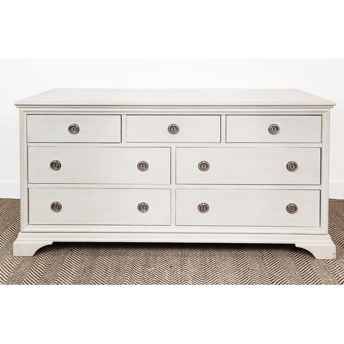 584 - BANK OF DRAWERS, traditionally painted in grey paint effect, 150cm W x 51cm D x 82cm H.