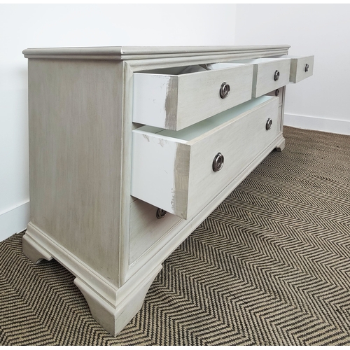 584 - BANK OF DRAWERS, traditionally painted in grey paint effect, 150cm W x 51cm D x 82cm H.