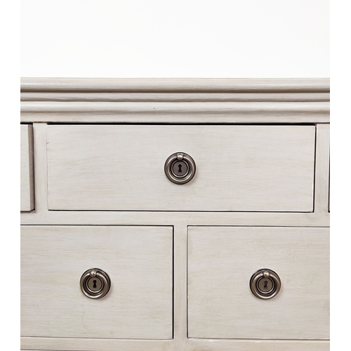 584 - BANK OF DRAWERS, traditionally painted in grey paint effect, 150cm W x 51cm D x 82cm H.