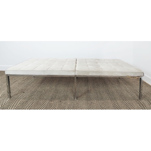 588 - FLORENCE KNOLL BENCH, with cream velvet upholstery on chrome supports, 42cm H x 152cm L x 51cm W.