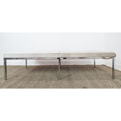 588 - FLORENCE KNOLL BENCH, with cream velvet upholstery on chrome supports, 42cm H x 152cm L x 51cm W.