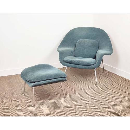 595 - KNOLL WOMB CHAIR AND FOOTSTOOL, with teal upholstery on chrome supports, chair 94cm H x 105cm W x 90... 