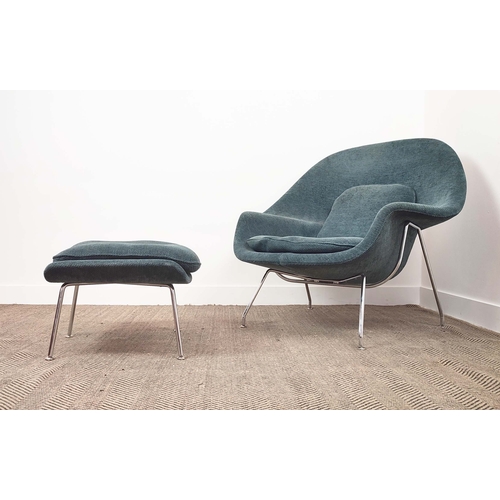 595 - KNOLL WOMB CHAIR AND FOOTSTOOL, with teal upholstery on chrome supports, chair 94cm H x 105cm W x 90... 