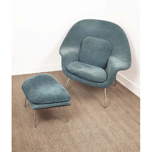 595 - KNOLL WOMB CHAIR AND FOOTSTOOL, with teal upholstery on chrome supports, chair 94cm H x 105cm W x 90... 