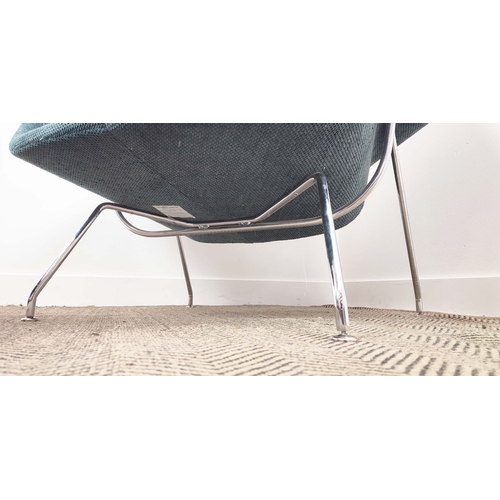 595 - KNOLL WOMB CHAIR AND FOOTSTOOL, with teal upholstery on chrome supports, chair 94cm H x 105cm W x 90... 