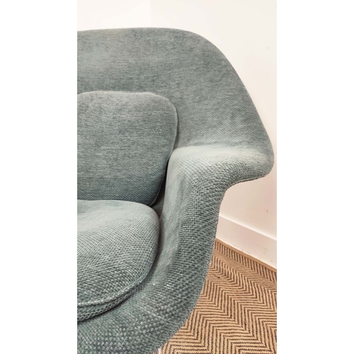 595 - KNOLL WOMB CHAIR AND FOOTSTOOL, with teal upholstery on chrome supports, chair 94cm H x 105cm W x 90... 