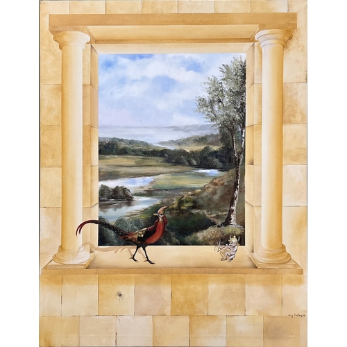 63 - NICKY ARMSTRONG (20th century British), 'Landscape through a portico', oil on canvas, 153cm x 117cm.