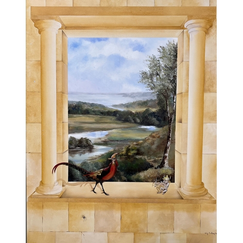 63 - NICKY ARMSTRONG (20th century British), 'Landscape through a portico', oil on canvas, 153cm x 117cm.