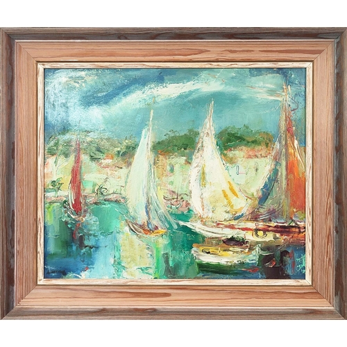 70 - J AUCHINLECK, 'Harbour scene, South of France', oil on board, 43cm x 53cm, signed verso, framed.