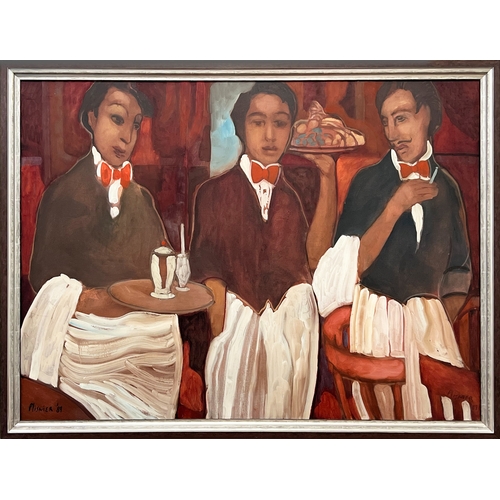 74 - ROBERT PLISNIER (Belgian b.1951), 'The Three Waiters', oil on canvas, 101cm x 136cm, framed. (Subjec... 