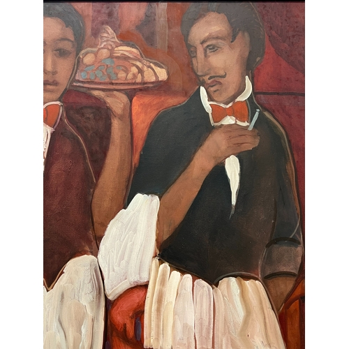 74 - ROBERT PLISNIER (Belgian b.1951), 'The Three Waiters', oil on canvas, 101cm x 136cm, framed. (Subjec... 