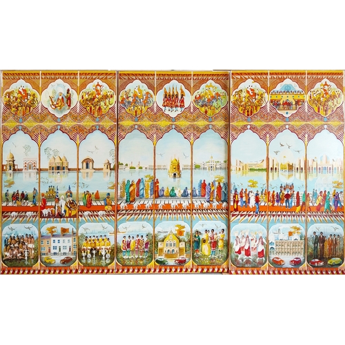 76 - 20TH CENTURY INDIAN SCHOOL TRIPTYCH, oil on board, 155cm x 305cm.