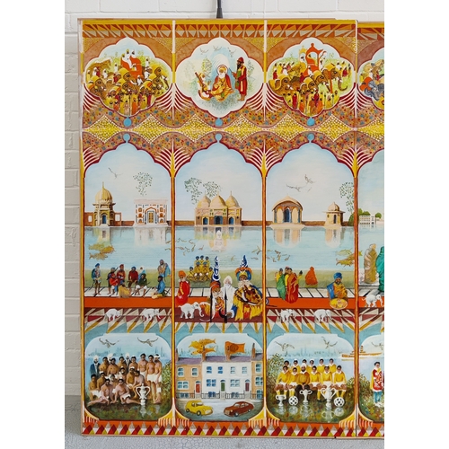 76 - 20TH CENTURY INDIAN SCHOOL TRIPTYCH, oil on board, 155cm x 305cm.