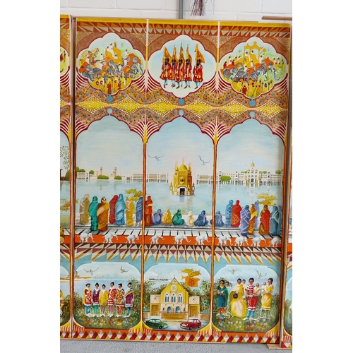 76 - 20TH CENTURY INDIAN SCHOOL TRIPTYCH, oil on board, 155cm x 305cm.