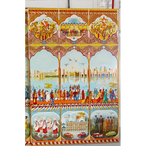 76 - 20TH CENTURY INDIAN SCHOOL TRIPTYCH, oil on board, 155cm x 305cm.