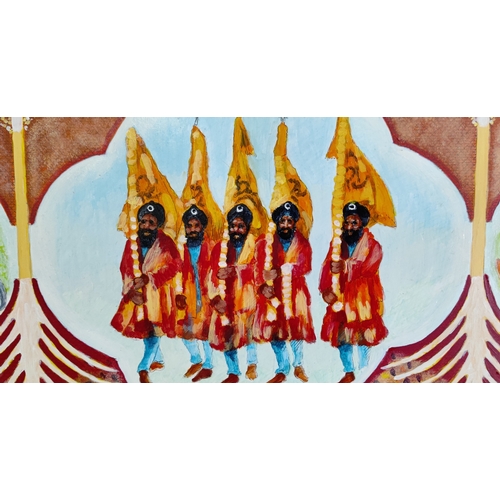 76 - 20TH CENTURY INDIAN SCHOOL TRIPTYCH, oil on board, 155cm x 305cm.