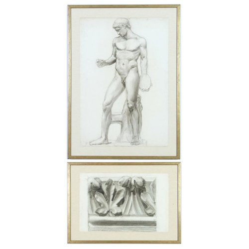 71 - A SET OF TWO 19TH CENTURY FRENCH CHARCOAL AND PENCIL CLASSICAL DRAWINGS, male nude study and archite... 