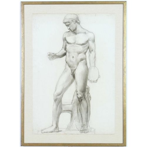 71 - A SET OF TWO 19TH CENTURY FRENCH CHARCOAL AND PENCIL CLASSICAL DRAWINGS, male nude study and archite... 