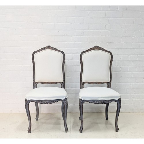 357 - DINING CHAIRS, a set of six, French, painted with neutral linen upholstery, 100cm H x 50cm W x 50cm ... 