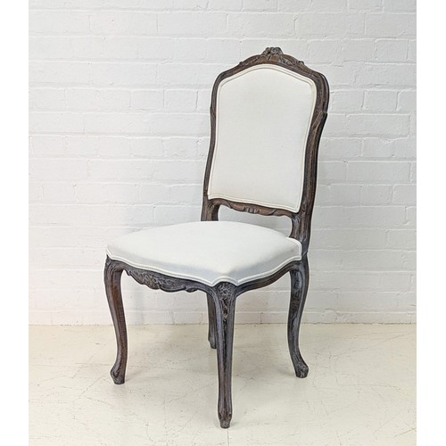 357 - DINING CHAIRS, a set of six, French, painted with neutral linen upholstery, 100cm H x 50cm W x 50cm ... 