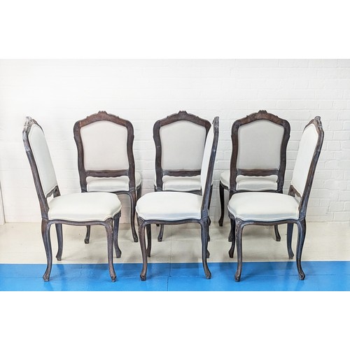 357 - DINING CHAIRS, a set of six, French, painted with neutral linen upholstery, 100cm H x 50cm W x 50cm ... 