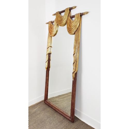 153 - HARRISON AND GIL DRAPED CLOTH MIRROR, mahogany and giltwood with a bevelled plate, 212cm x 122cm.