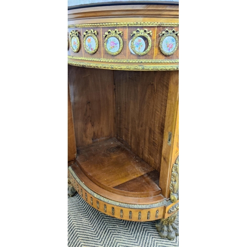 237 - SIDE CABINET, 20th century with a marble top over a base with marquetry and parquetry Fleur de Lys d... 