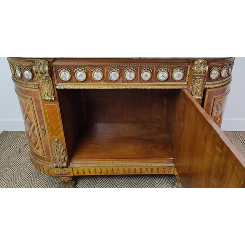 237 - SIDE CABINET, 20th century with a marble top over a base with marquetry and parquetry Fleur de Lys d... 