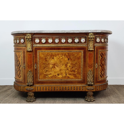 237 - SIDE CABINET, 20th century with a marble top over a base with marquetry and parquetry Fleur de Lys d... 