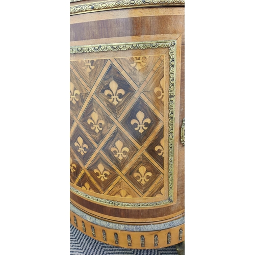 237 - SIDE CABINET, 20th century with a marble top over a base with marquetry and parquetry Fleur de Lys d... 