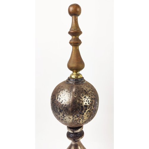 329 - A PAIR OF 19TH CENTURY ANDIRONS, brass finials, 51cm H x 35cm W.