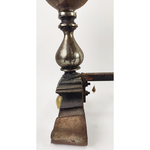 329 - A PAIR OF 19TH CENTURY ANDIRONS, brass finials, 51cm H x 35cm W.