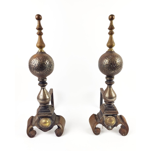 329 - A PAIR OF 19TH CENTURY ANDIRONS, brass finials, 51cm H x 35cm W.