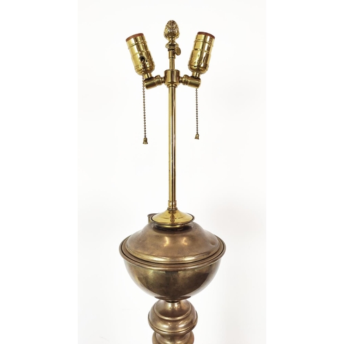 343 - AN 19TH CENTURY BRASS STANDARD LAMP, fluted column square base, converted at a later date, 170cm H.