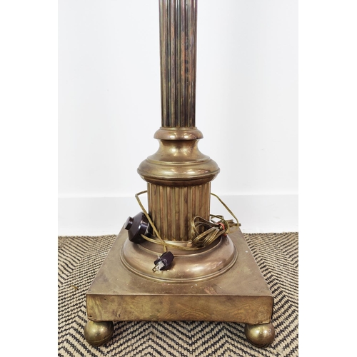 343 - AN 19TH CENTURY BRASS STANDARD LAMP, fluted column square base, converted at a later date, 170cm H.