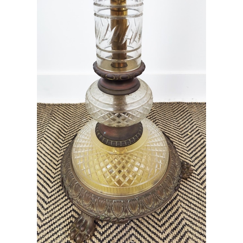 344 - A 19TH CENTURY CUT GLASS STANDARD LAMP, brass base, 131cm H.