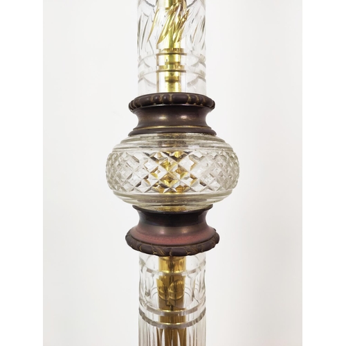 344 - A 19TH CENTURY CUT GLASS STANDARD LAMP, brass base, 131cm H.