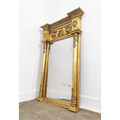 345 - AN EARLY 19TH CENTURY GILTWOOD WALL MIRROR, applied gesso decoration, 116cm H x 75cm W.