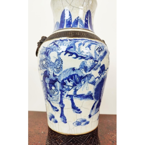 358 - A PAIR OF CHINESE BLUE AND WHITE TABLE LAMPS, hand painted, craquelure bodies, cornered 53cm H. (2)