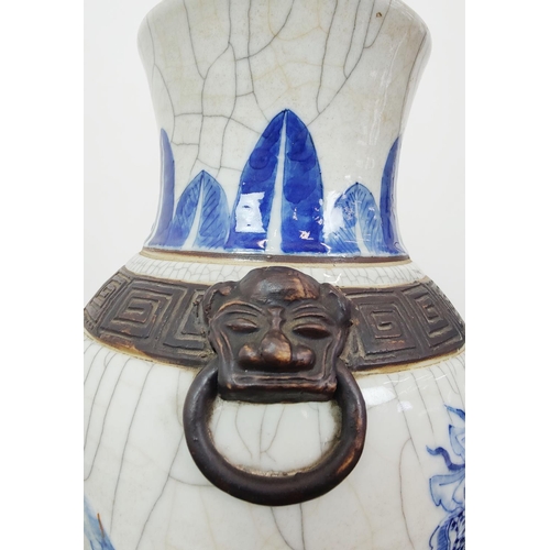 358 - A PAIR OF CHINESE BLUE AND WHITE TABLE LAMPS, hand painted, craquelure bodies, cornered 53cm H. (2)