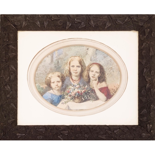 55 - ATTRIBUTED TO TITO AGUJARI (ITALIAN 1834-1908), 'Portrait of three girls with basket of flowers', wa... 